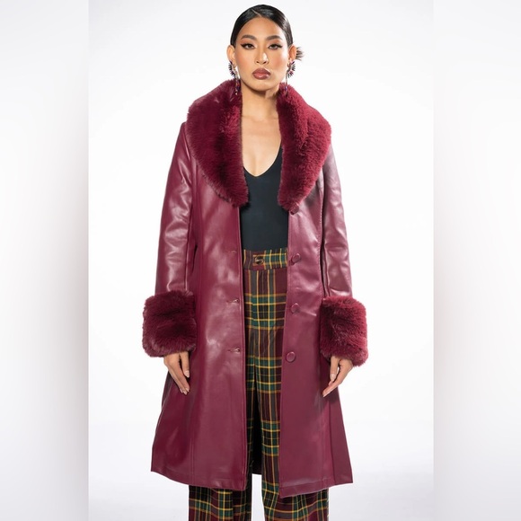 Azalea Wang Marbolo trench coat faux fur PU buttons shawl collar cuffs burgundy - Picture 1 of 12